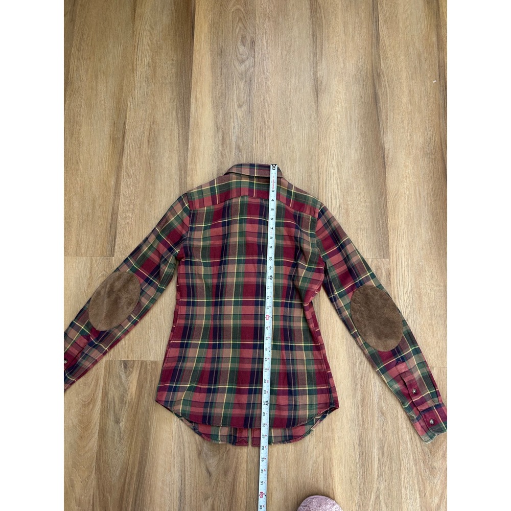 Ralph Lauren Rugby Plaid Ruffle Flannel Blouse Suede Elbow Patches 4 western - Picture 5 of 6